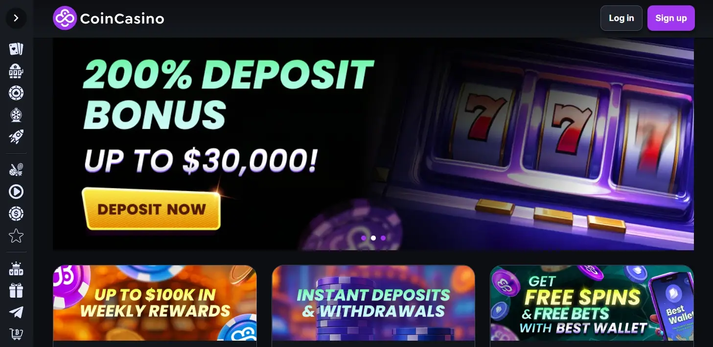 CoinCasino homepage showing bonus details and site navigation
