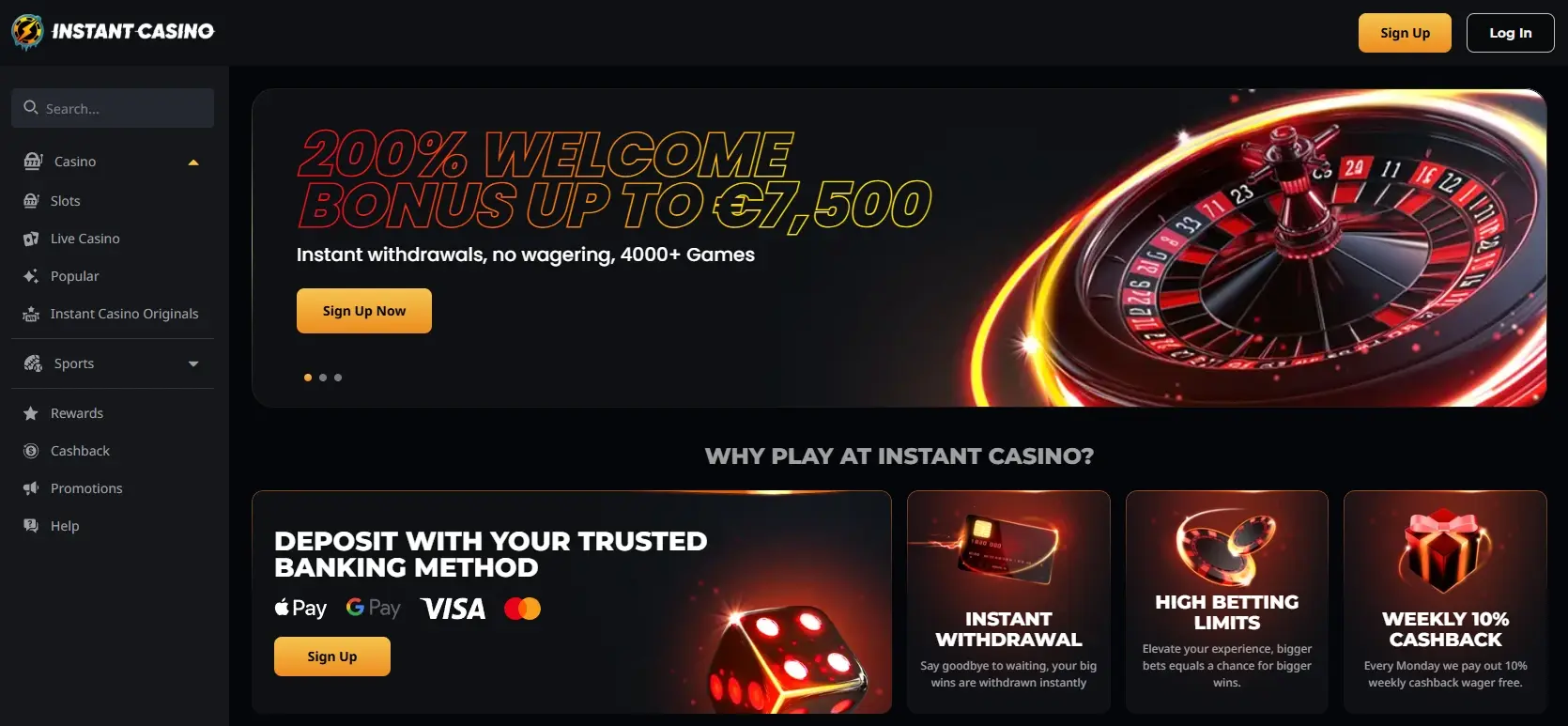 Instant Casino homepage showing bonus information and site navigation